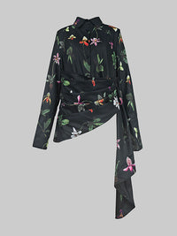 Asymmetric Flower Print Split-Joint Long Sleeves Loose Lapel Blouses&shirts Tops