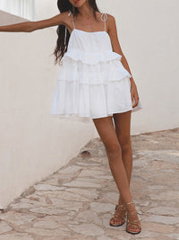 A-Line High Waisted Backless Layered Pleated Solid Color Spaghetti-Neck Mini Dresses
