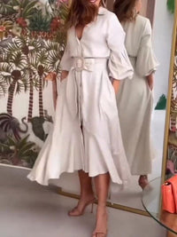 High-Low Puff Sleeves Pleated Solid Color Lapel Collar Maxi Dresses