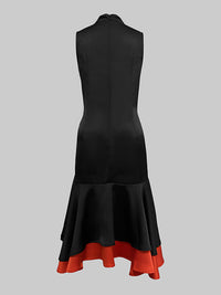 Loose Sleeveless Contrast Color Split-Joint Tiered High Neck Evening Dresses Midi Dresses