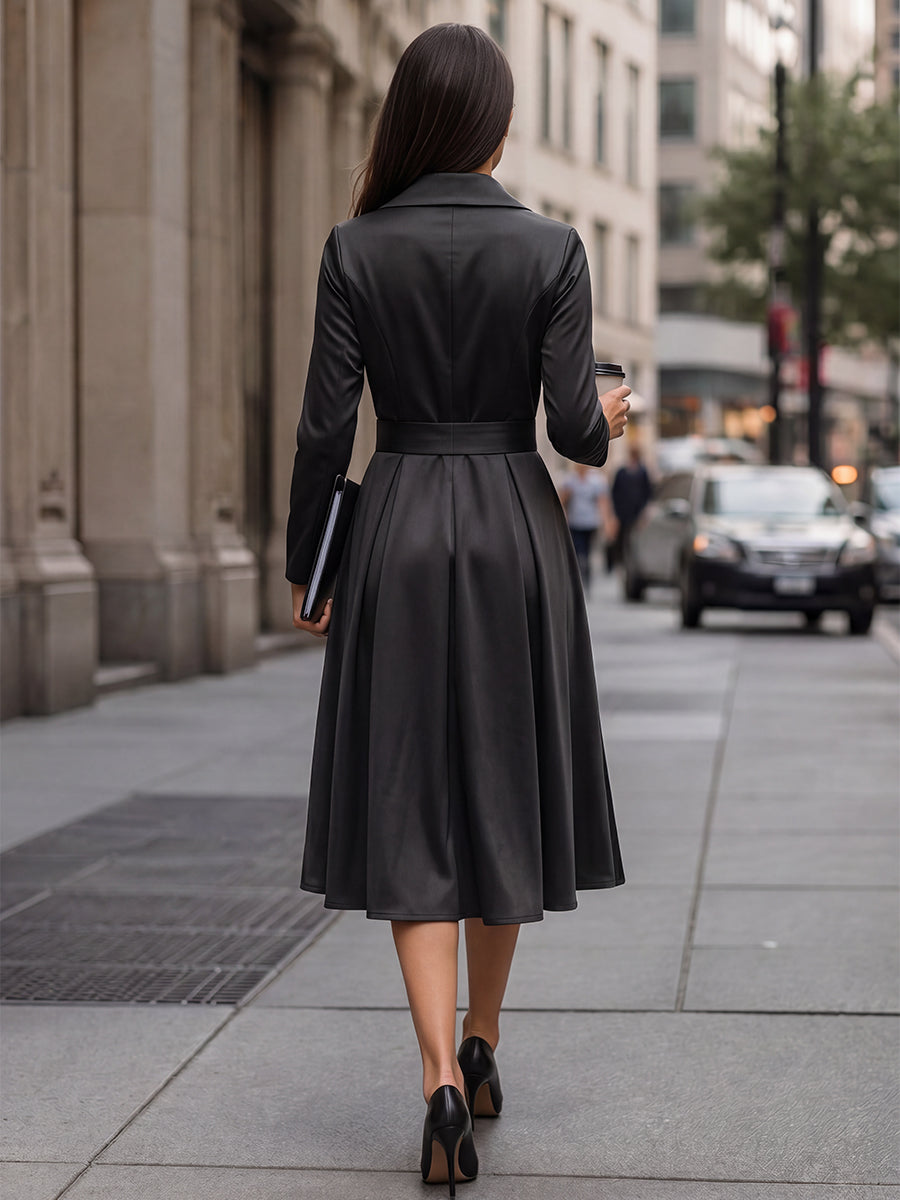 A-Line Three-Quarter Sleeves Pleated Pockets Solid Color V-Neck Midi Dresses