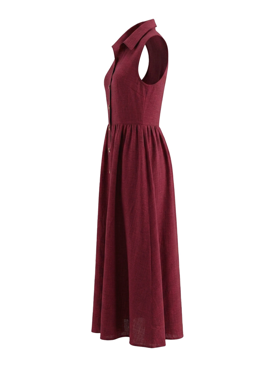 Buttoned Pleated Solid Color High Waisted Loose Lapel Maxi Dresses