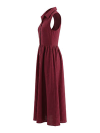 Buttoned Pleated Solid Color High Waisted Loose Lapel Maxi Dresses