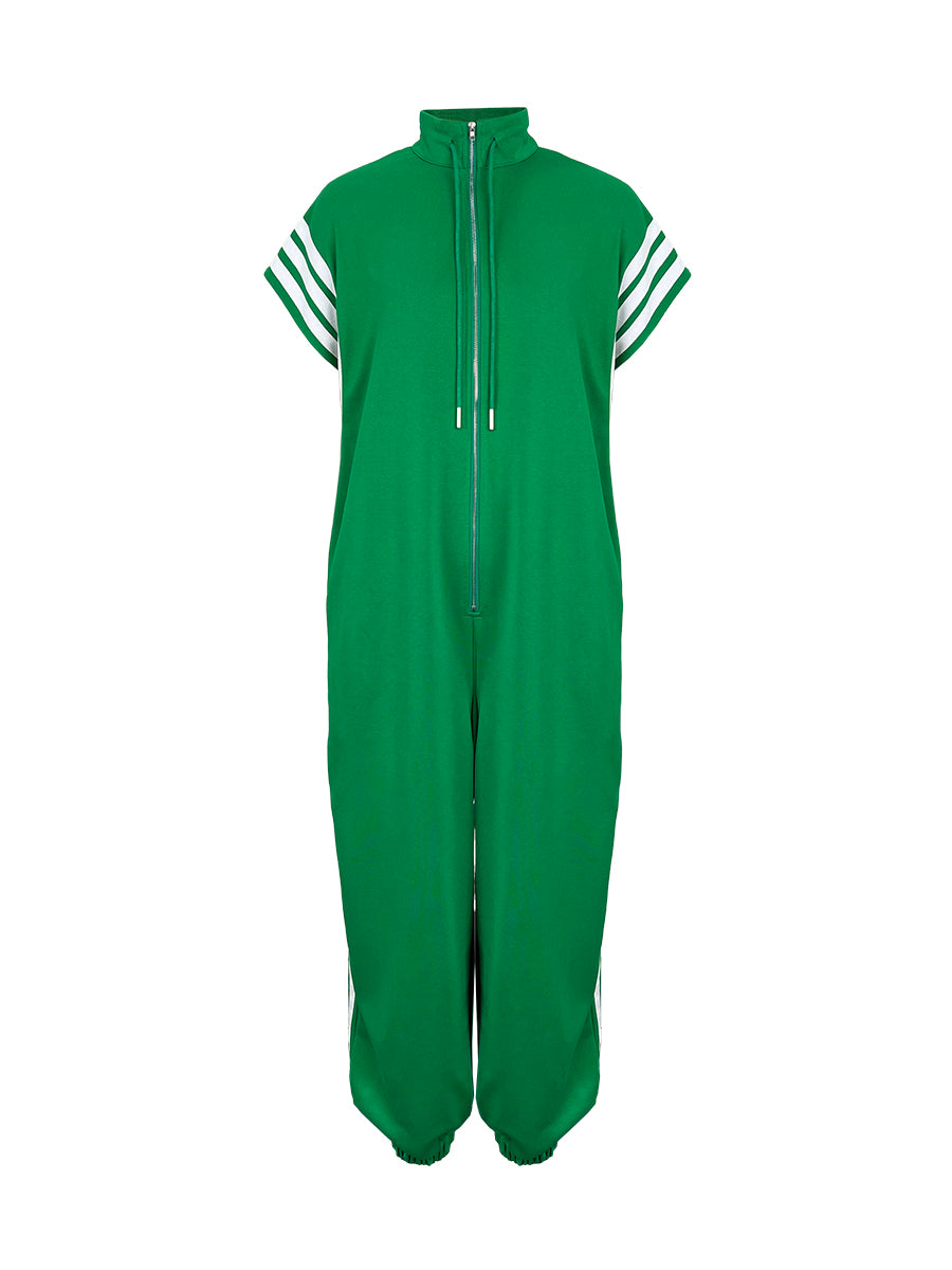 Loose Plus Size Contrast Color Pockets Split-Joint Striped Zipper Stand Collar Jumpsuits Ninth Pants