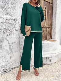 Long Sleeves Contrast Color Split-Joint Split-Side Round-Neck High-Low Sweater Tops +  Pants Bottom Two Pieces Set