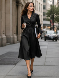 A-Line Three-Quarter Sleeves Pleated Pockets Solid Color V-Neck Midi Dresses