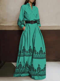 Long Sleeves Loose Buttoned Pleated Pockets Printed Stand Collar Jumpsuits