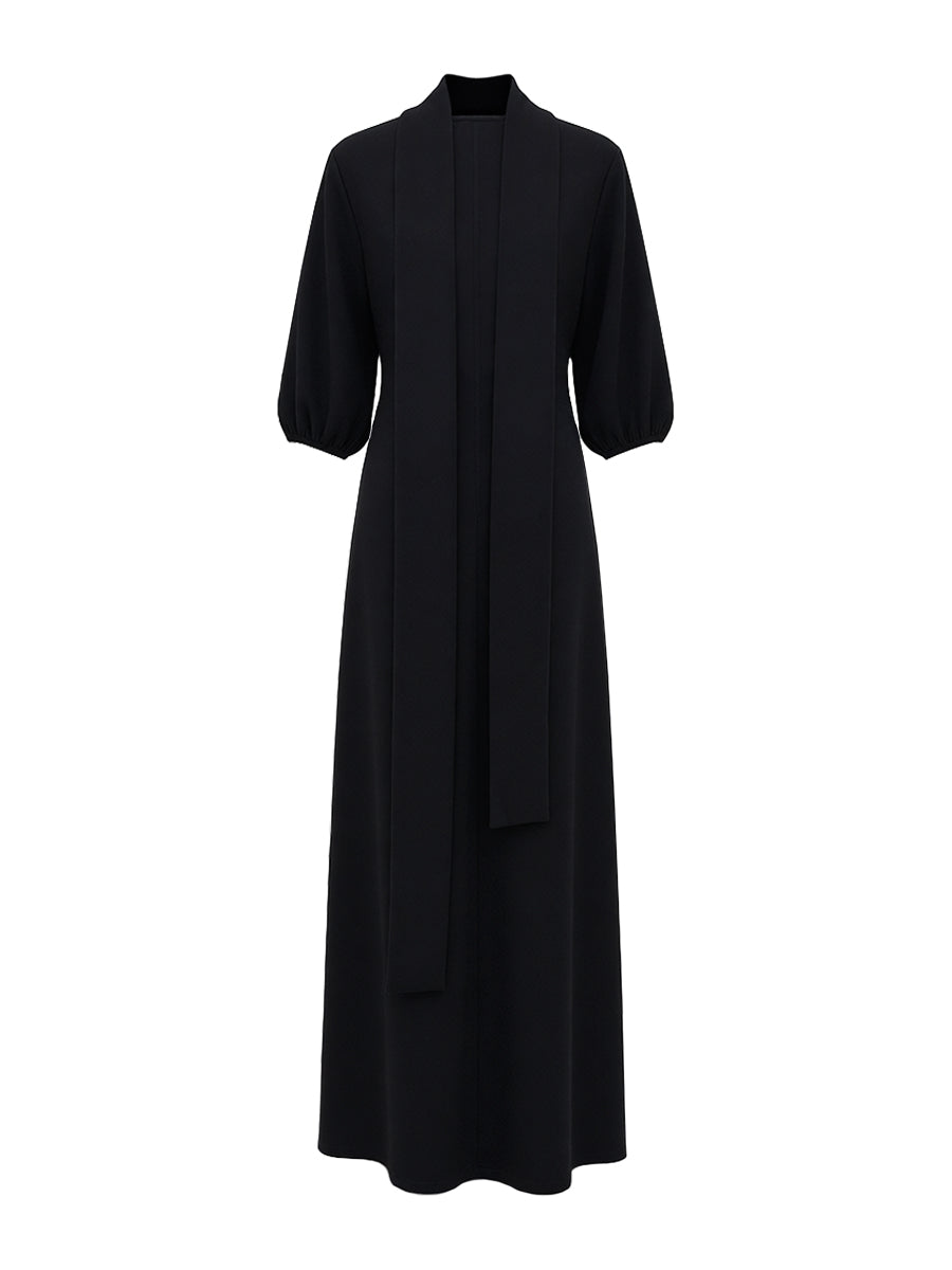 Buttoned Split-side Loose Puff Sleeves Mock Neck Maxi Dresses