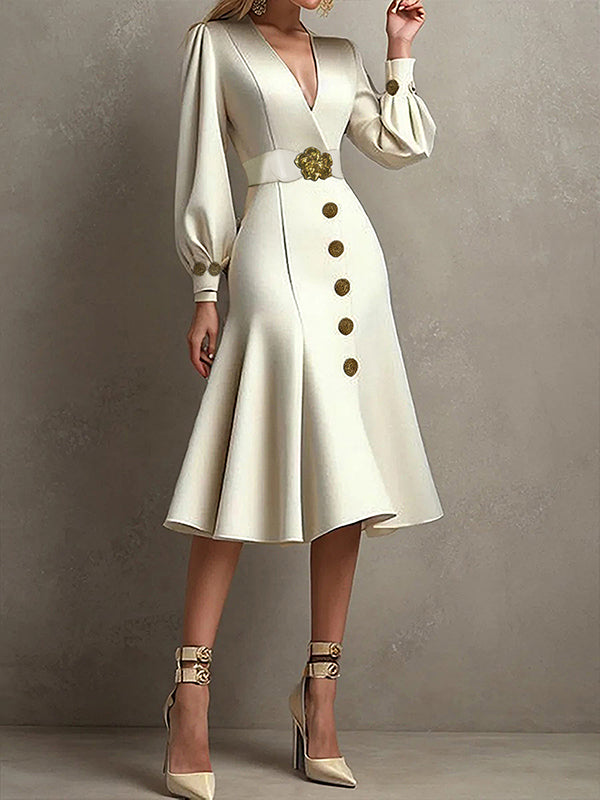Loose Puff Sleeves Pleated Split-Joint Tied Waist V-Neck Midi Dresses