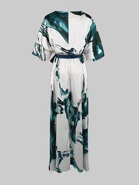 Batwing Sleeves Loose Printed Tied Waist V-Neck Evening Dresses Maxi Dresses