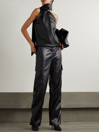 Sleeveless Asymmetric Solid Color High Neck Vest Top