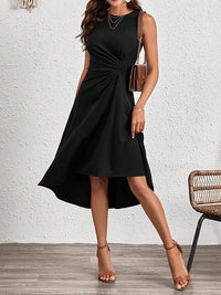 A-Line High Waisted Asymmetric Pleated Solid Color Split-Joint Round-Neck Midi Dresses