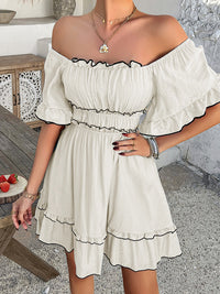 A-line High Waisted Elasticity Pleated Ruffle Trim Solid Color Square-neck Mini Dresses