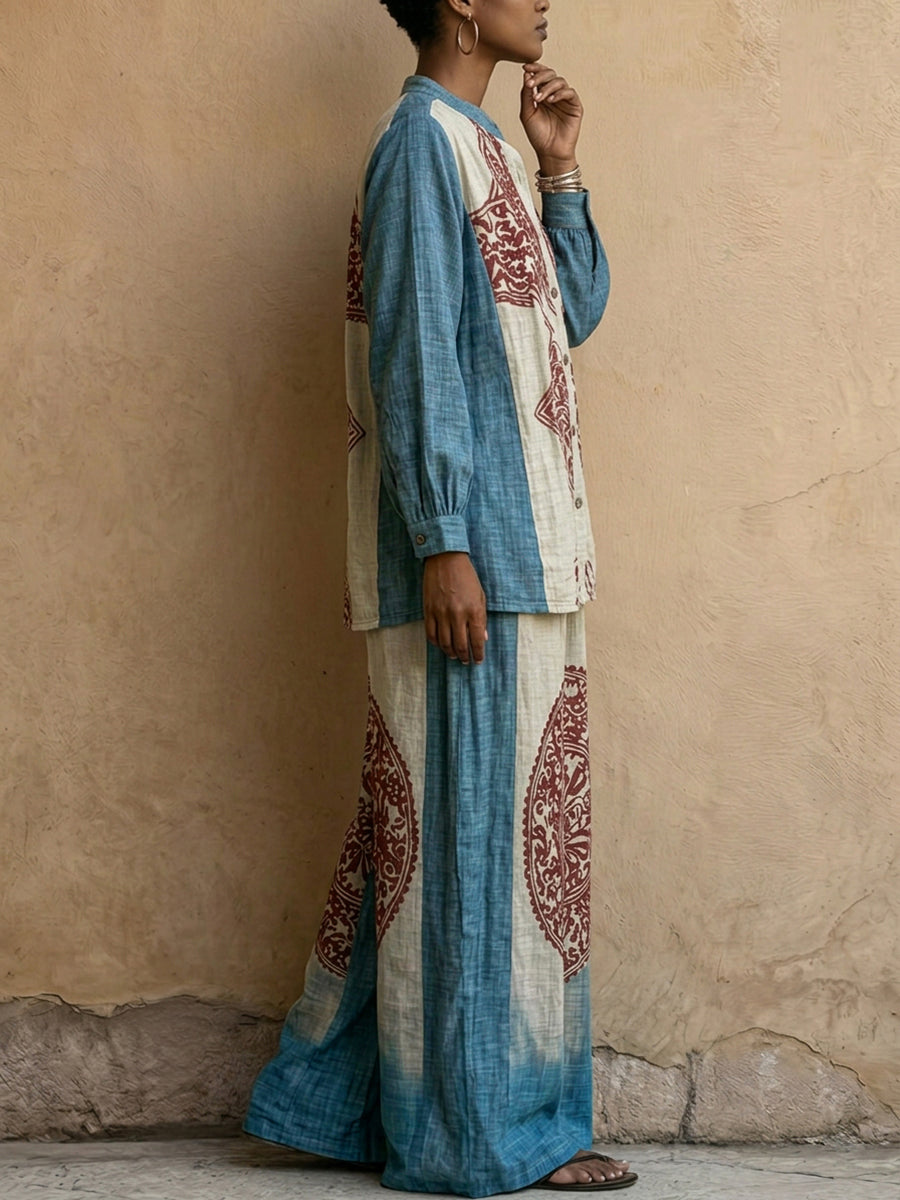 Long Sleeves Loose Buttoned Contrast Color Ethnic Printed Split-Joint Round-Neck Blouses&Shirts Tops