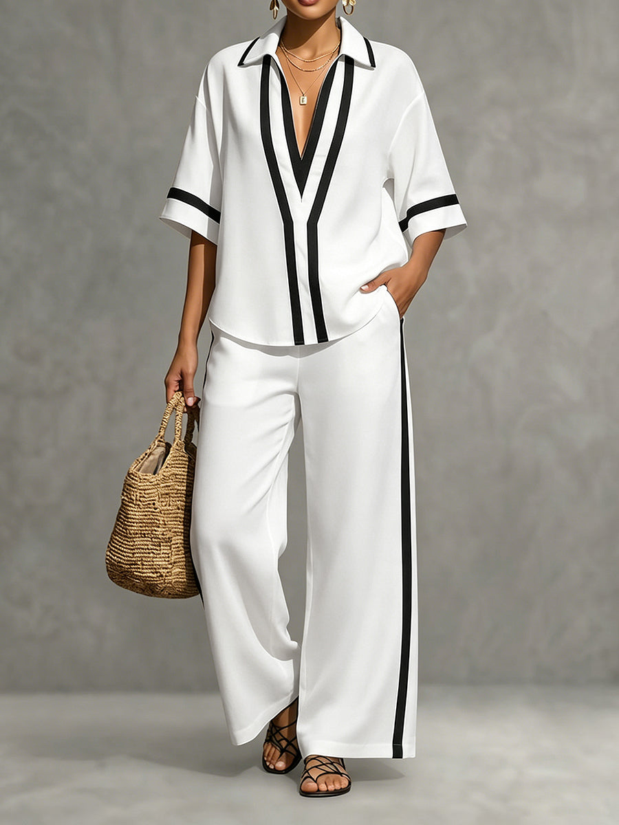 High Waisted Wide Leg Contrast Color Pockets Pants Trousers