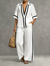 High Waisted Wide Leg Contrast Color Pockets Pants Trousers