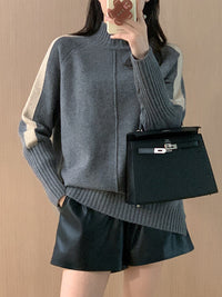 High-Low Long Sleeves Contrast Color Split-Joint Split-Side High Neck Pullovers Sweater Tops