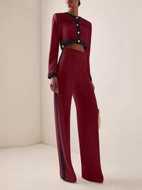 Long Sleeves Buttoned Split-Joint Round-Neck Blouses&Shirts Tops + High Waisted Pants Bottom Two Pieces Set