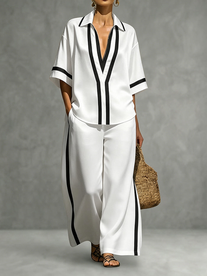 Half Sleeves Loose Contrast Color Lapel Blouses&Shirts Tops