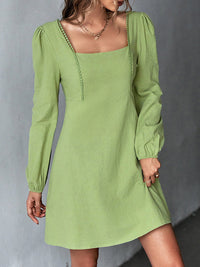 A-Line High Waisted Solid Color Split-Joint Square-Neck Mini Dresses