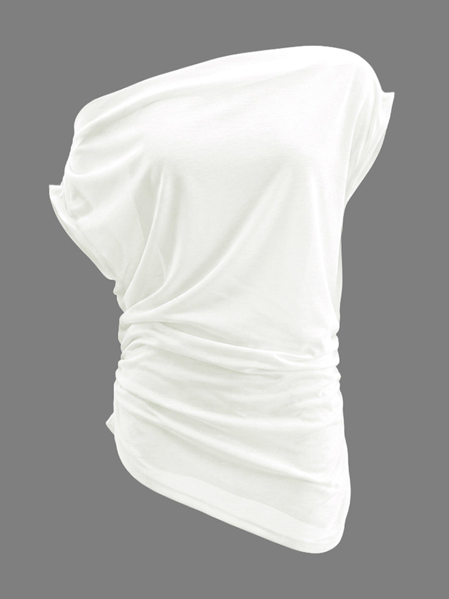Asymmetric Pleated Solid Color Loose Sleeveless One-Shoulder Blouses&Shirts Tops