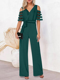 High Waisted Loose Hollow Mesh Solid Color Tied Waist V-Neck Jumpsuits