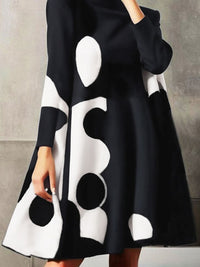 Polka-Dot Split-Joint A-Line Long Sleeves Mock Neck Mini Dresses