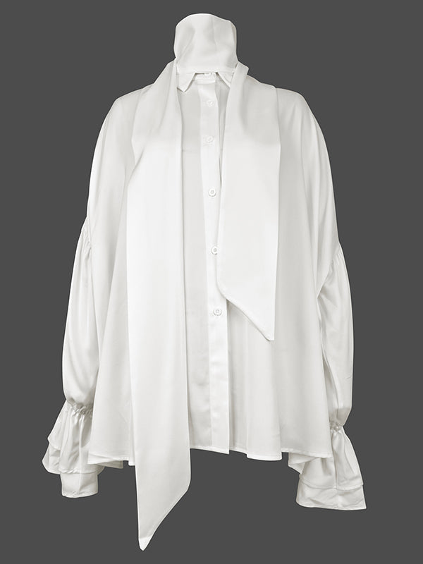 Flared Sleeves Long Sleeves Double Layered Elasticity Solid Color Tied V-Neck Blouses&Shirts Tops