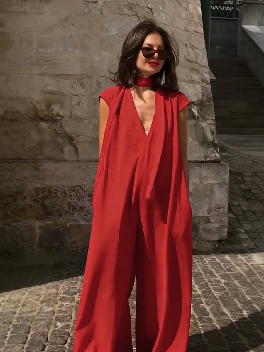 Pockets Solid Color Streamer Loose Wide Leg Deep V-Neck Jumpsuits