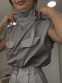 Loose Sleeveless Buckle Solid Color Stand Collar Blouses&Shirts Tops