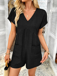 High Waisted Loose Backless Pockets Solid Color V-Neck Rompers