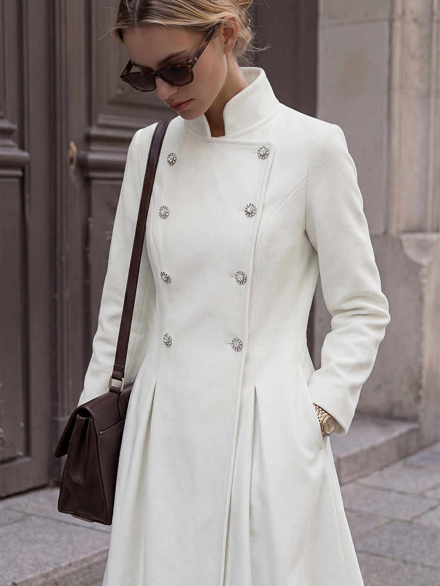 A-Line High Waisted Buttoned Pleated Pockets Solid Color Stand Collar Midi Dresses Overcoat