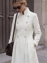 A-Line High Waisted Buttoned Pleated Pockets Solid Color Stand Collar Midi Dresses Overcoat