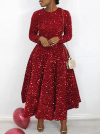 A-Line High Waisted Sequined Split-Joint Zipper Round-Neck Maxi Dresses