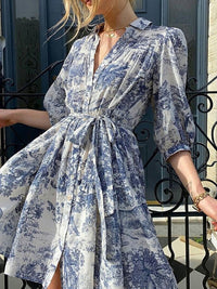 Loose Puff Sleeves Pleated Printed Split-Joint Tied Waist Lapel Mini Dresses Shirt Dress
