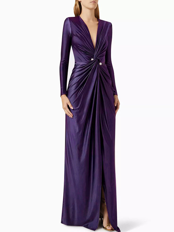Solid Color Bodycon Long Sleeves Pleated  Split-Front Tied Waist Deep V-Neck Maxi Dresses