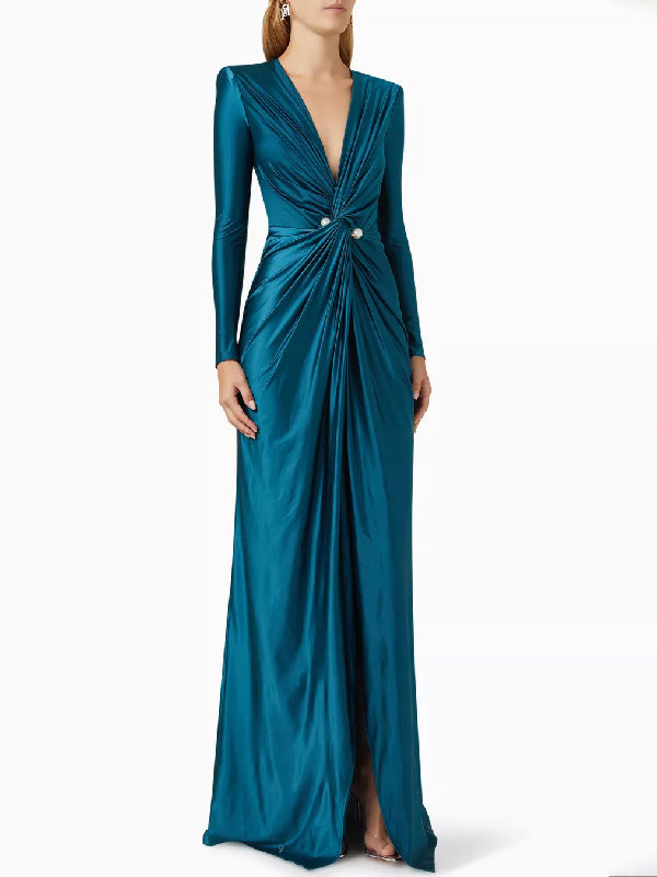 Solid Color Bodycon Long Sleeves Pleated  Split-Front Tied Waist Deep V-Neck Maxi Dresses