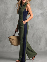Sleeveless Wide Leg Contrast Color Pockets Zipper Lapel Jumpsuits