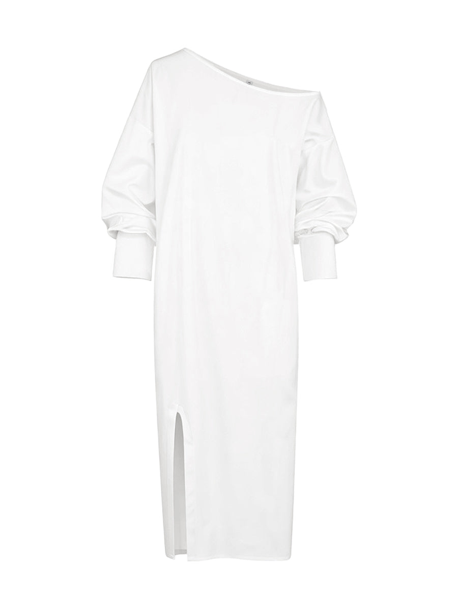 Solid Color Split-Side Long Sleeves Loose One-Shoulder Midi Dresses