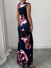 Bodycon Sleeveless Contrast Color Flower Print Round-Neck Maxi Dresses