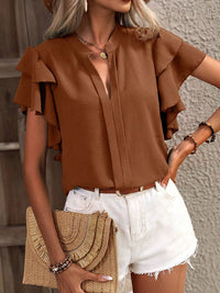 Loose Ruffle Sleeves Ruffle Trim Solid Color V-Neck Blouses&Shirts Tops