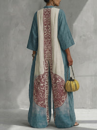 Loose Three-Quarter Sleeves Contrast Color Ethnic Printed Pockets V-Neck Jumpsuits