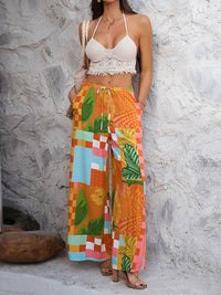 High Waisted Loose Contrast Color Drawstring Pockets Pants Trousers