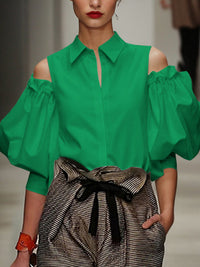 Long Sleeves Loose Pleated Solid Color Cold Shoulder Blouses&Shirts Tops