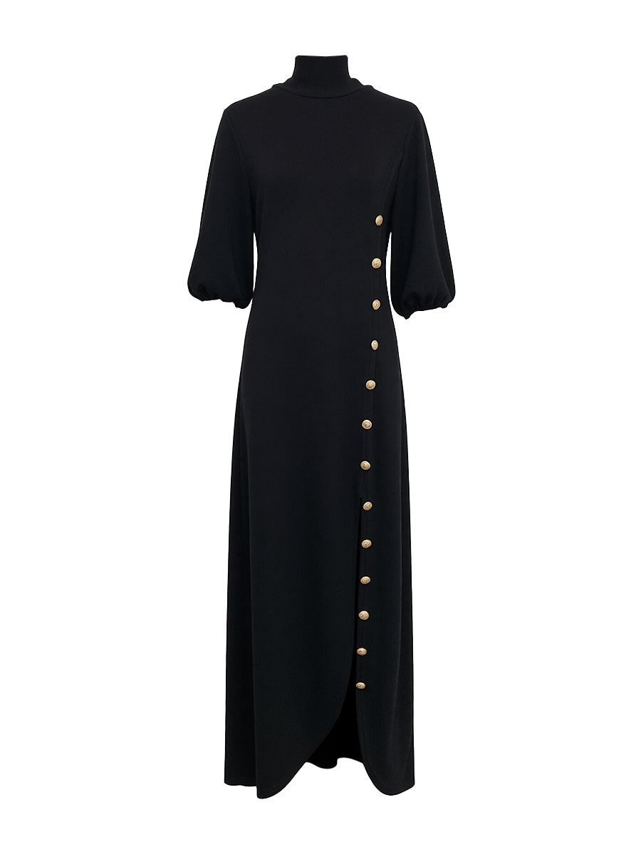 Buttoned Split-side Loose Puff Sleeves Mock Neck Maxi Dresses
