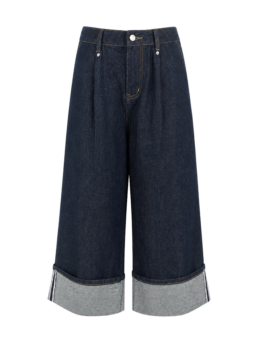 Loose Wide Leg Pleated Pockets Jean Pants Bottoms