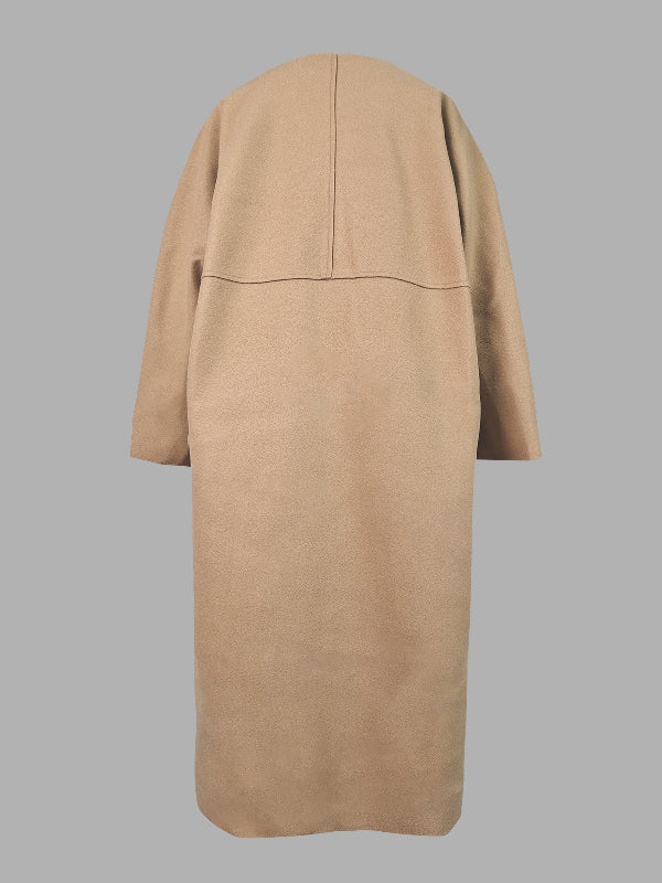 Solid Color Long Sleeves Loose Collarless Woolen Coat