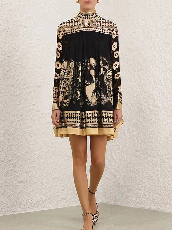 Bronzing Printed Split-Joint A-line Long Sleeves Mock Neck Mini Dresses