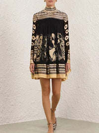 Bronzing Printed Split-Joint A-line Long Sleeves Mock Neck Mini Dresses