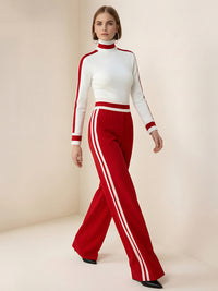 Long Sleeves Skinny Contrast Color Split-Joint Striped High Neck T-Shirts Tops